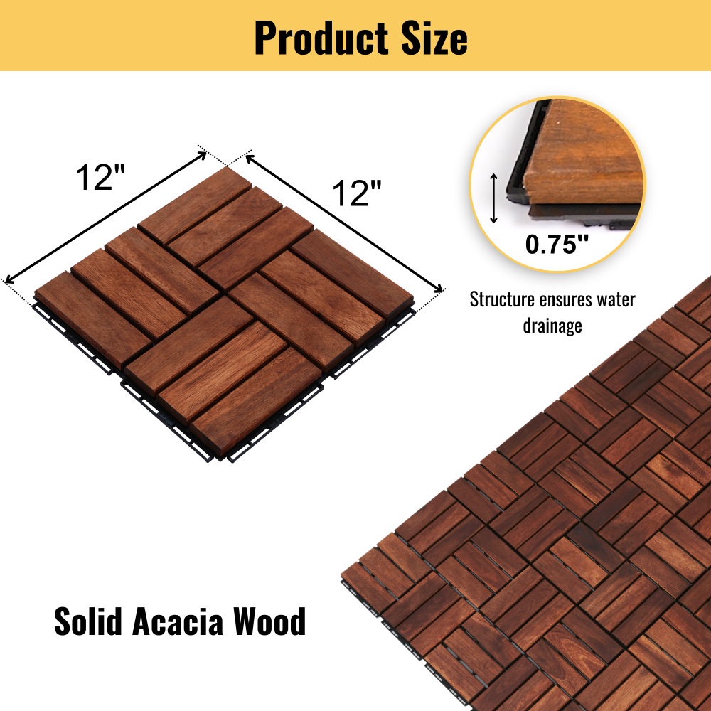 Acacia Wood Interlocking Deck Tiles Checker Pattern, 10PCS 12" x 12" Square Brown Acacia Hardwood Outdoor Flooring for Patio, Bancony, Pool Side,...