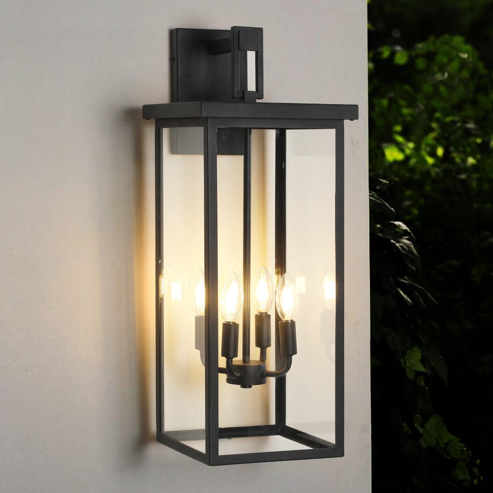 20"(H) Set of 2 Modern Outdoor Wall Lanterns with Black Metal Frame and Clear Glass, Ambient Light Sensors,Weatherproof Wall Sconces for Porch, Garage, or Entryway Lighting, E26 Bulb Compatible