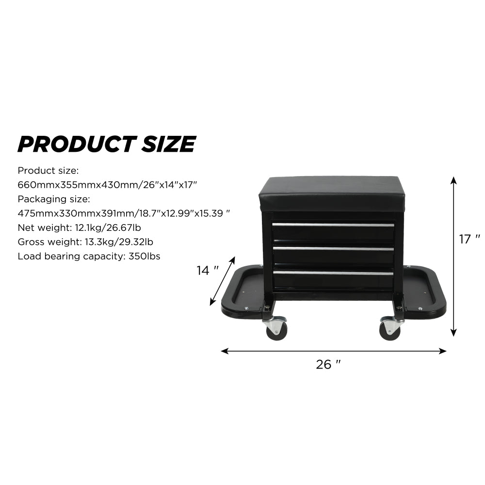 3-Drawer Tool Chest Rolling Mechanic Seat with Tool Trays,350lbs Max Weight Capacity,Black