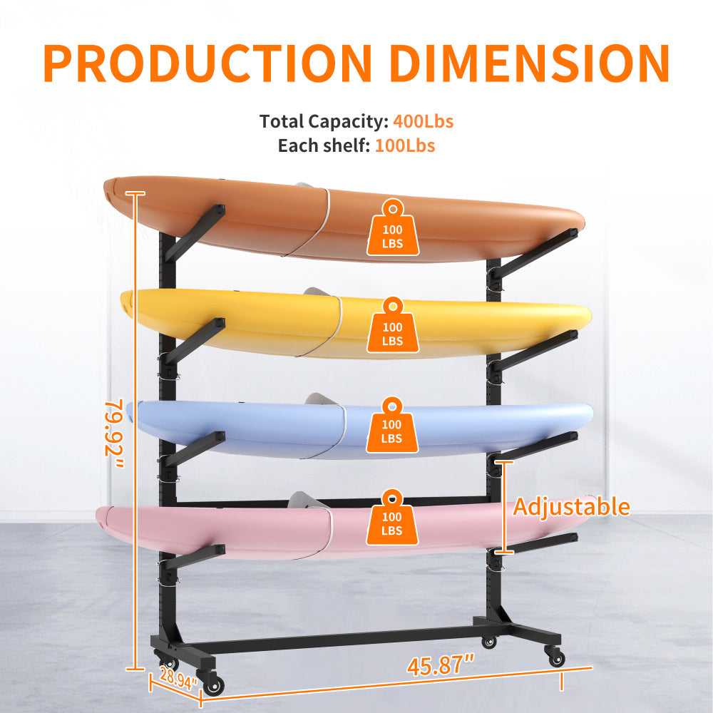 80''H Freestanding Kayak Storage Rack – Holds 4 Kayaks, Heavy-Duty Adjustable Stand with Lockable Wheels for Kayak, Canoe, SUP & Surfboard, 45.87"W*28.94"D*80"H