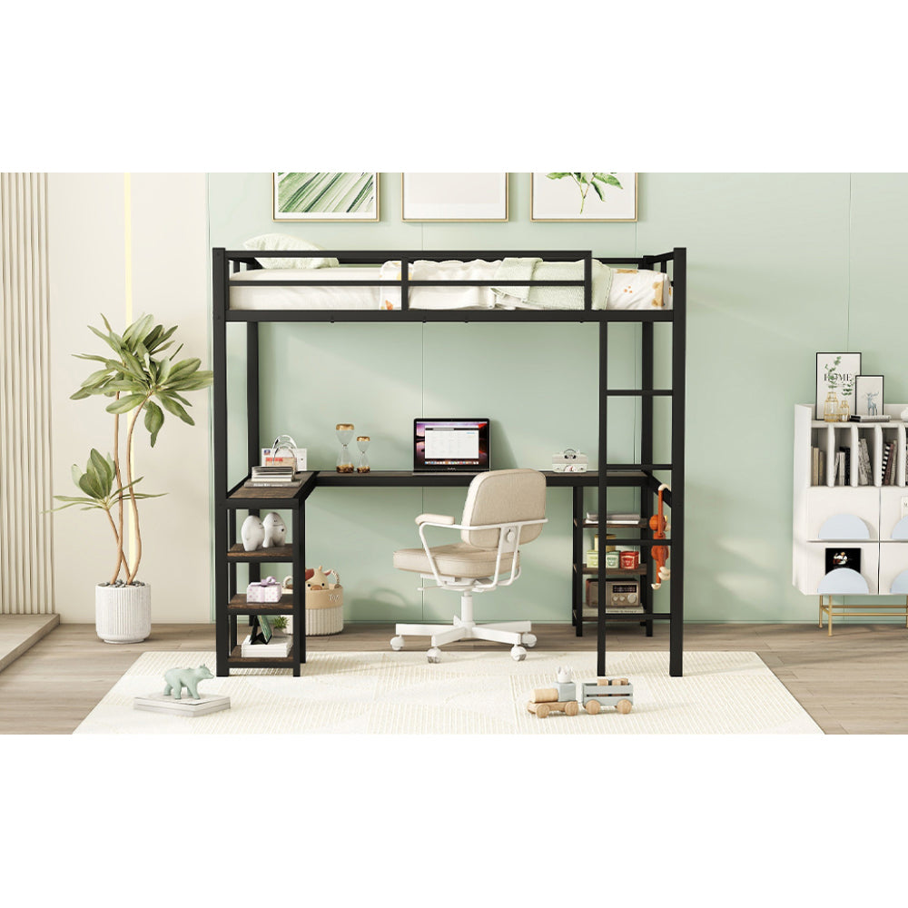 Full Metal Loft Bed with Desk and Shelves, Loft Bed with Ladder and Guardrails, Loft Bed Frame for Bedroom, Black (Old SKU: W1307S00018)