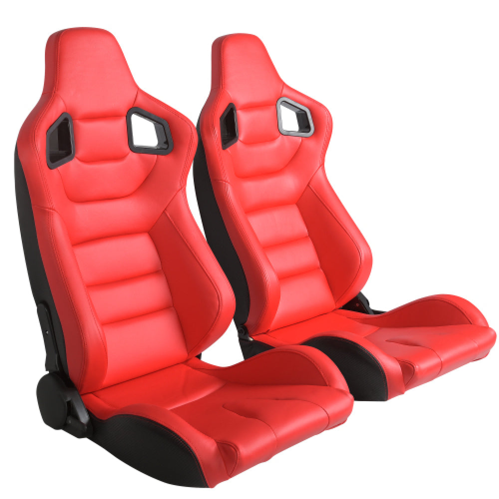 2PC New Universal Bucket Racing Seats Red Stitch Red PVC Leather Reclinable Carbon Look Leather Back With Adjustor Slider(Not Including Seat Bracket ) 1 box of 2 pieces