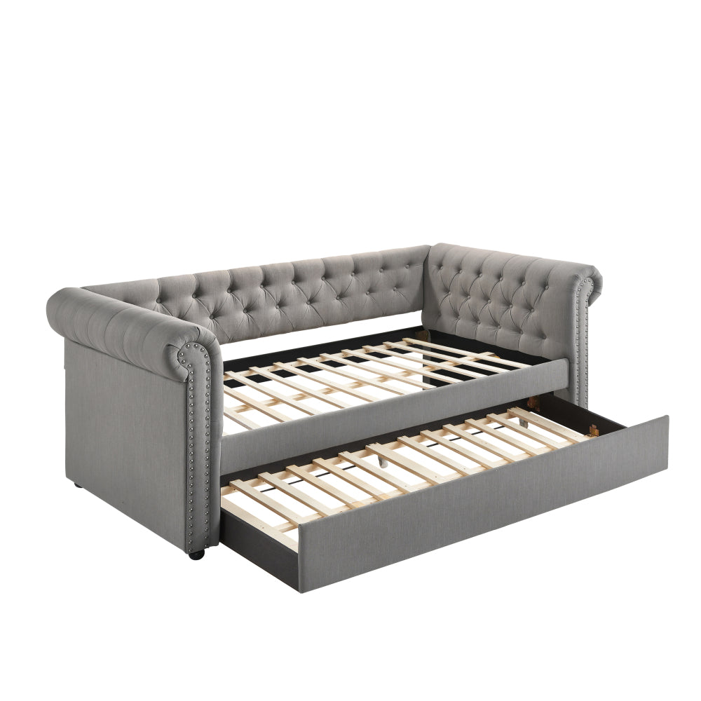 Luxurious 1pc Modern Aesthetic Beautifully Button Tufted Nailhead Trim Design Daybed Built-in pull-out Trundle Bed Living Space Guest Room Bedroom Dove Gray