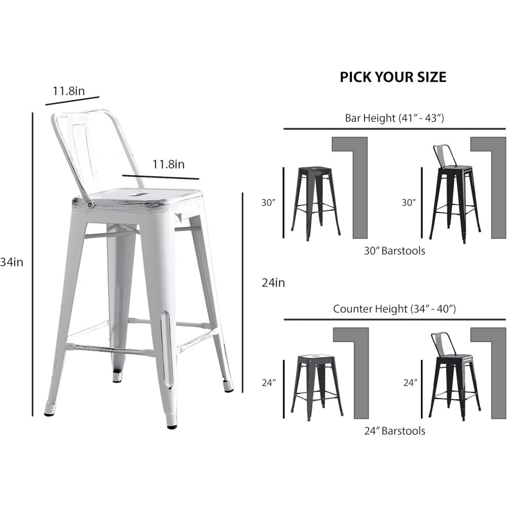 Modern Light Weight Industrial Contemporary Rustic Vintage Costal Metal Barstools with Bucket Back and 4 Leg Design, Seat Bar Stools (Set of 2) (24" Seat, Distressed White)