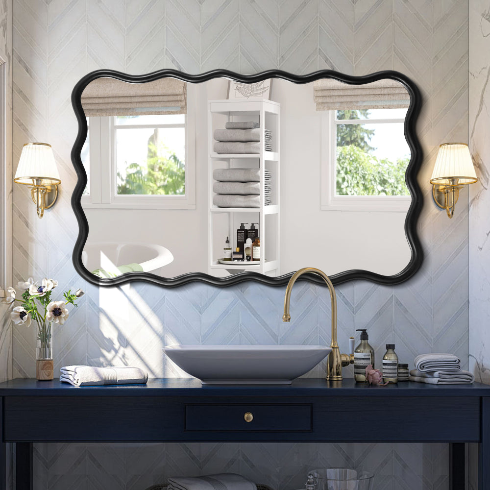 Solid Wood Wavy Square Mirror-Natural Wood 36" x 36" Modern Mirror Wall Decor for Bathroom, Bedroom, Living Room, Dining Room, Cloakroom, Entryway