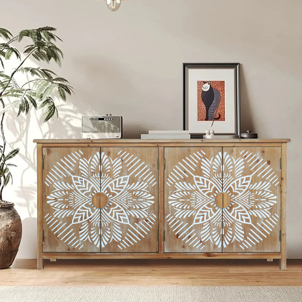 60"Wood Accent Cabinet with 4 Doors, Brown and antique white Modern Pantry Cabinet, Wood Buffet Cabinet, Media Cabinet, Console Cabinet, Cabinet for Entryway, Living Room, Bedroom, Dining Room