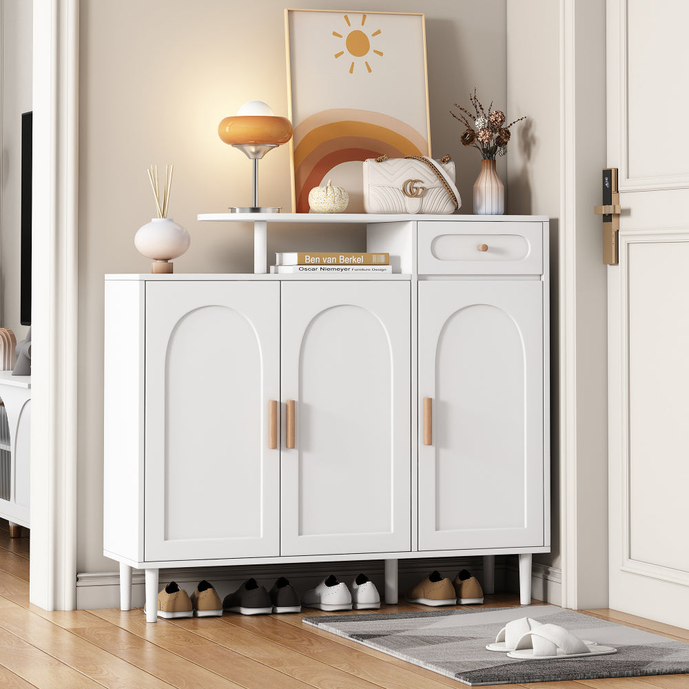ON-TREND Elegant Shoe Cabinet with Arched Doors and Drawer, Cream Style Storage Sideboard with Adjustable Shelves and Solid Wood Legs for Entryway, Living Room, Black