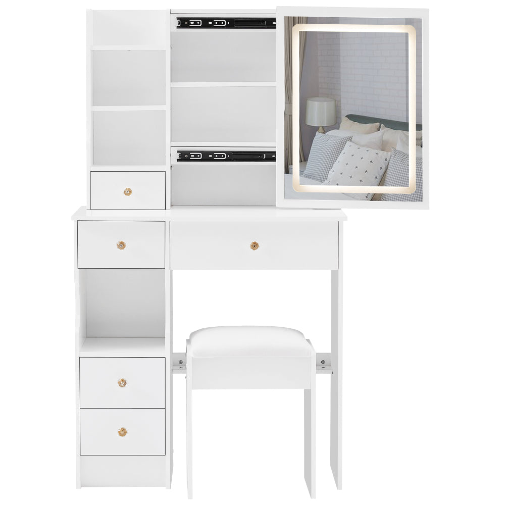 29.2" Small Size Left Drawer Desktop Vanity Table + Cushioned Stool, 2 AC+2 USB Power Station, Hair dryer bracket, Extra Large Touch Control Sliding LED Mirror, Tri-color Switching, Brightness Adjust