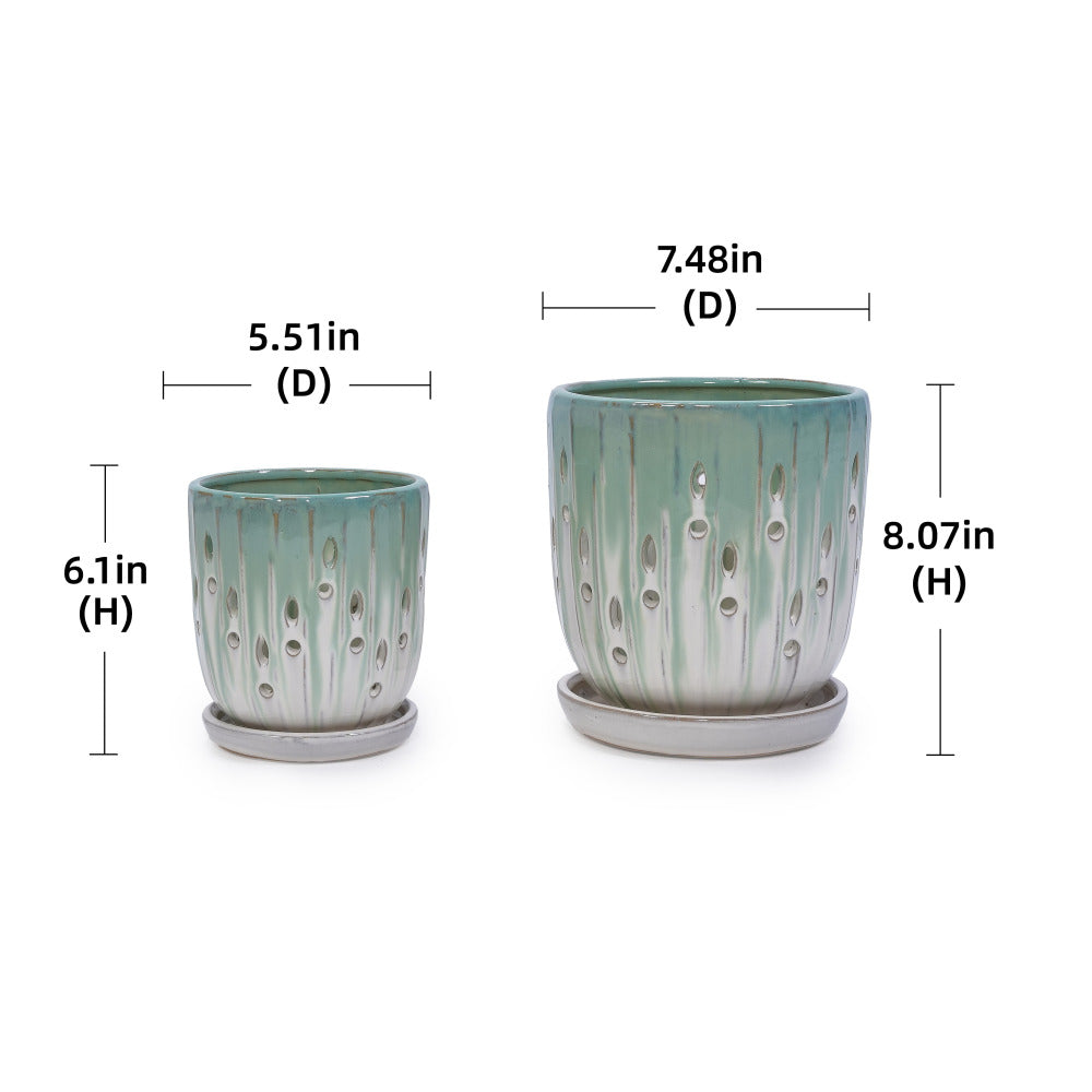 Set of 2 Ceramic Flowerpot with Drainage Hole, 8" Modern Planter for Patio, Garden, Windowsill - White Green