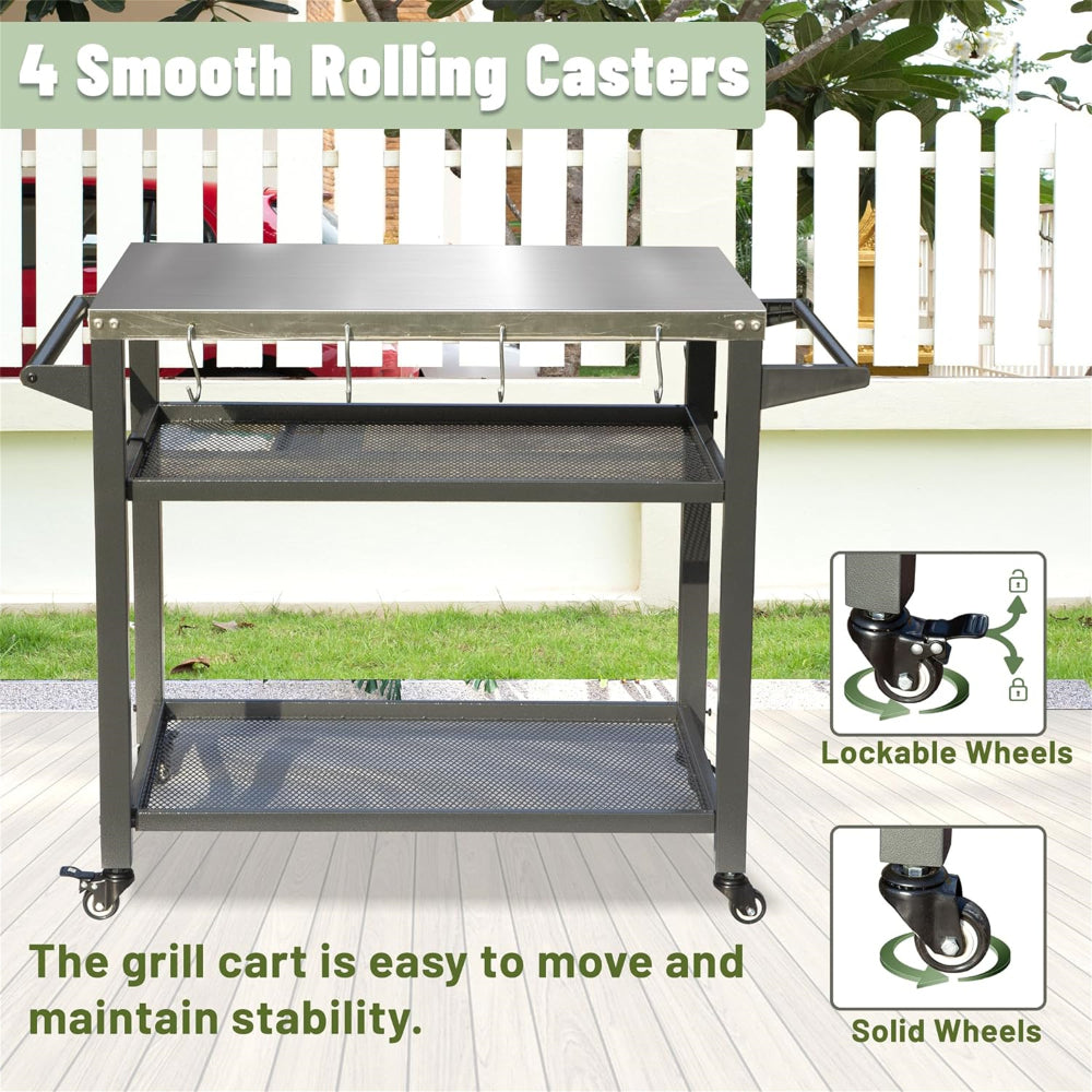 3-Shelf Outdoor Grill Table, Grill Cart with Wheels, Outdoor Pizza Oven and Food Prep Table, Blackstone Table with Stainless Steel Tabletop, Grill Stand for Blackstone Griddle for Outside BBQ