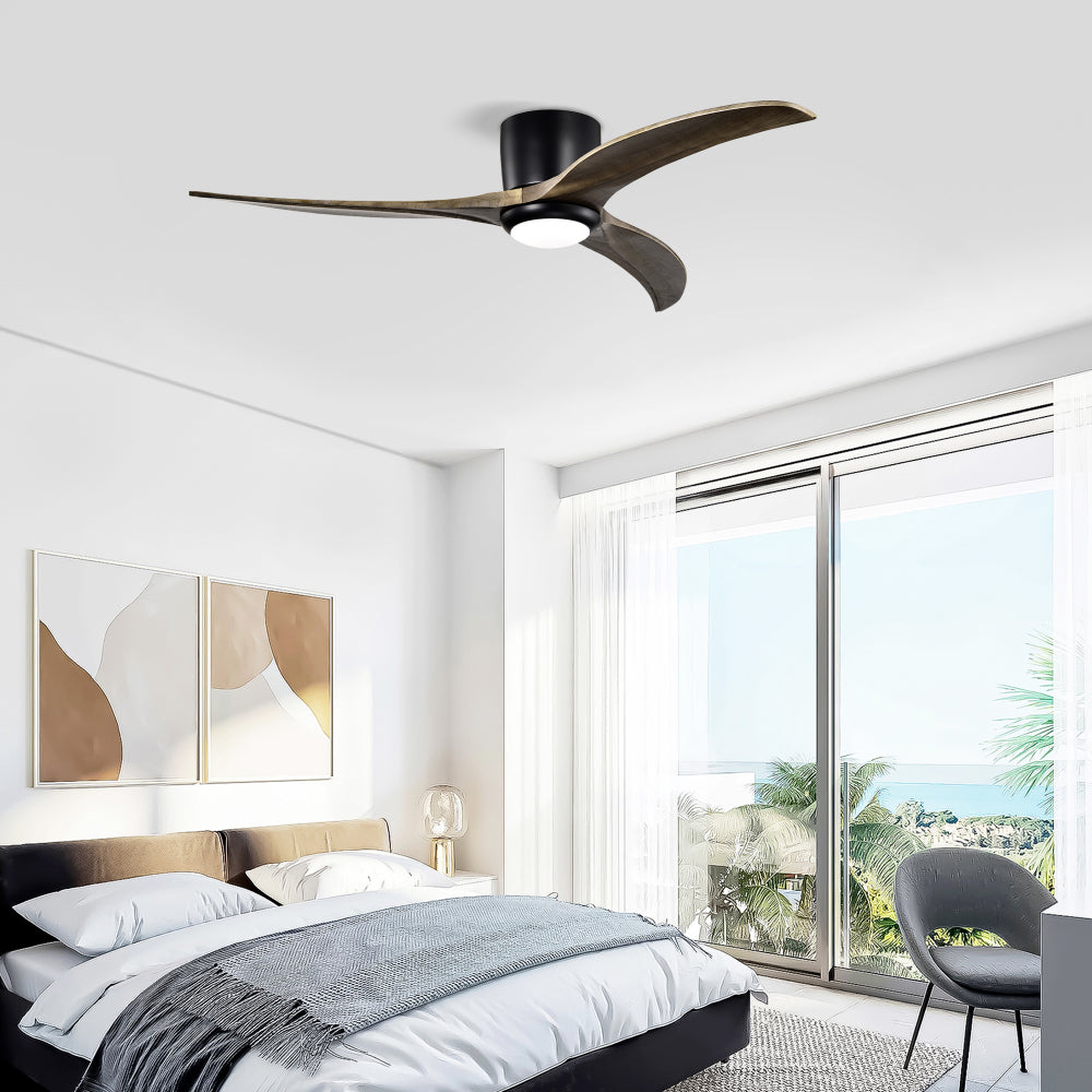52" Flush Mount Ceiling Fan Solid Wood Blades Ceiling Fan With Light with Remote Control, Noiseless Reversible Motor, 6 Speed, for Patio Living Room, Bedroom,Indoor.(Matte Black)