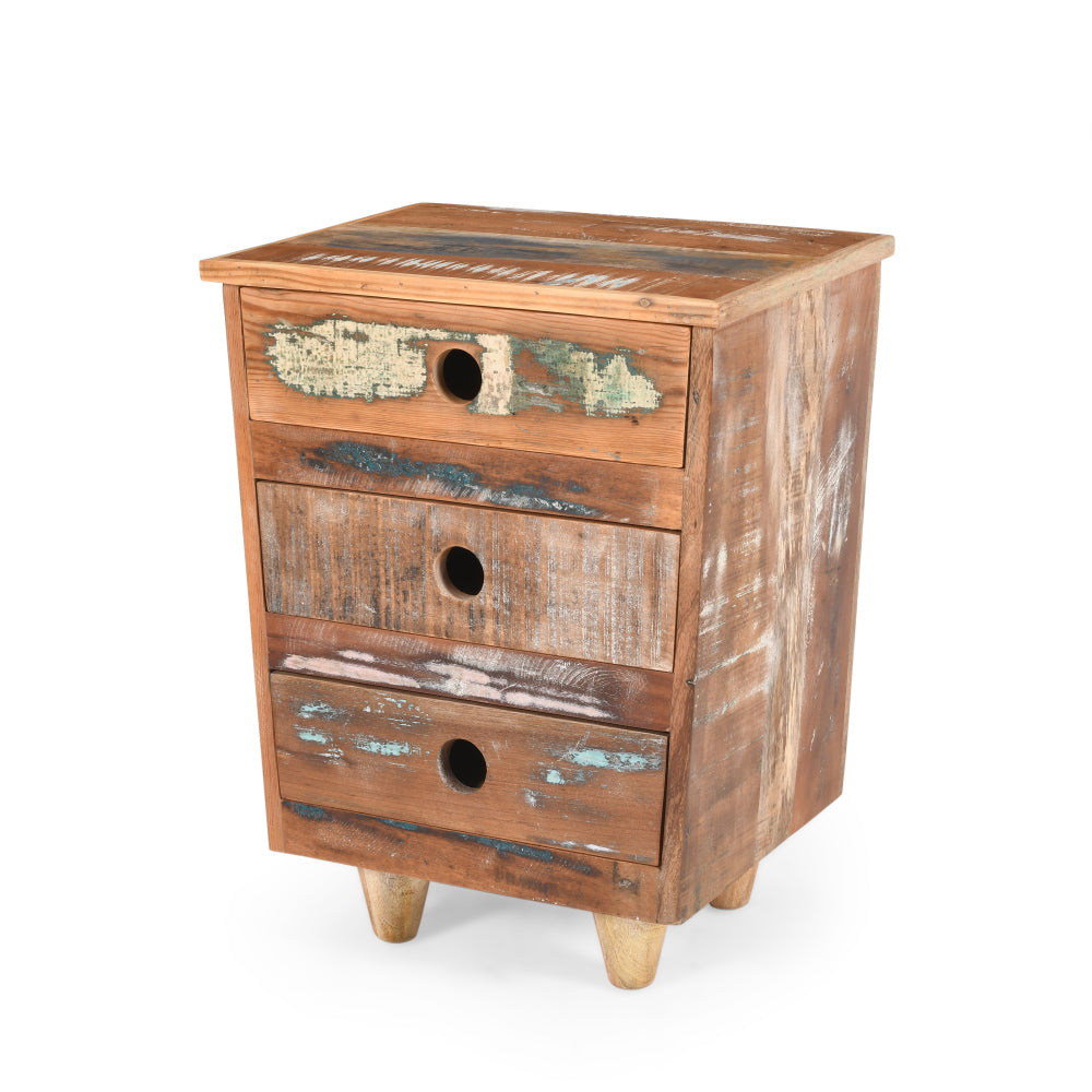 End Table Recycled Wood Nightstand, Side Table with 3 Drawers, Vintage Natural Bedside Table for Bedroom Living Room