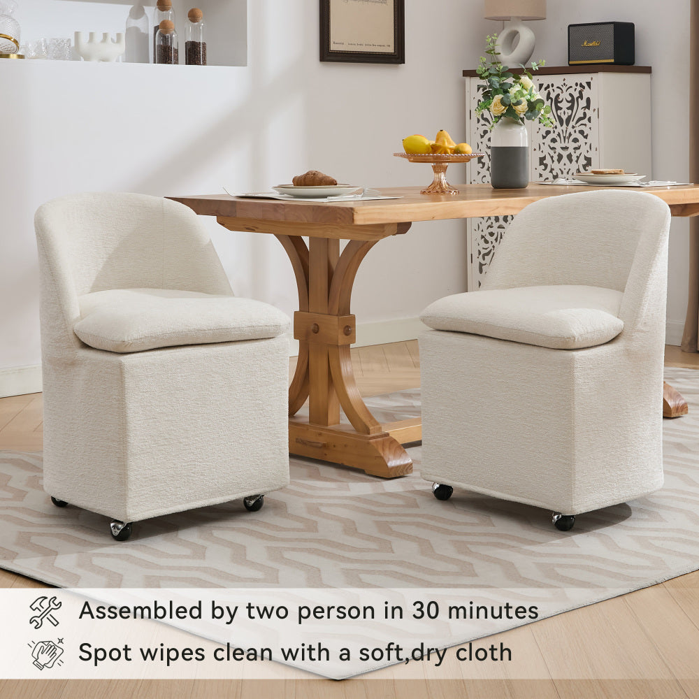 058-Set of 2 Chenille Fabric Dining Chairs With Universal Wheels,Beige