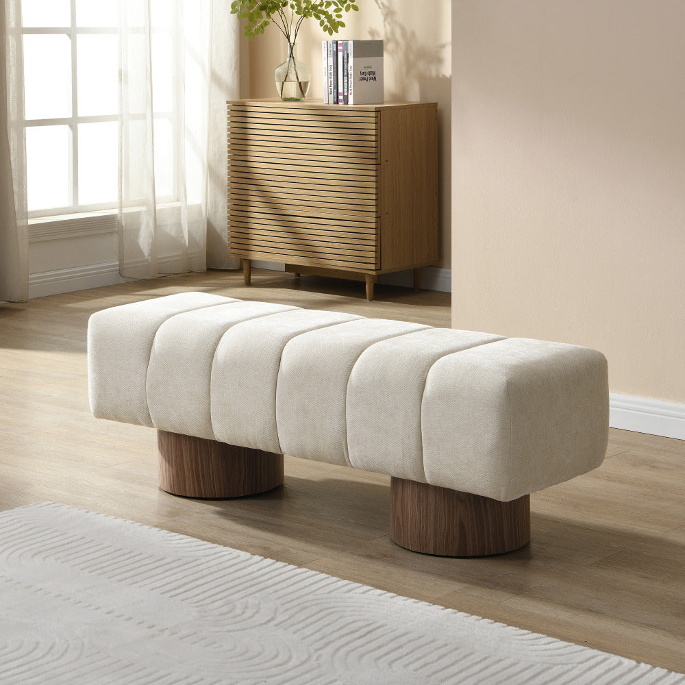 Upholstered Dining Bench for Dining Room, No-Assembly End of Bed Entryway Bench Ottoman for Bedroom Living Room, Beige PU Stool Top Wood Leg 300 LBS Weight Capacity