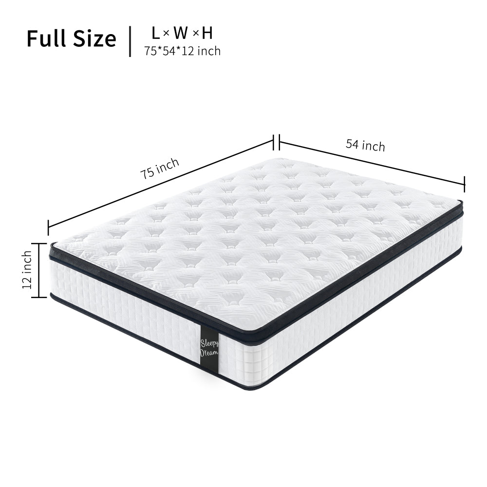 FULL Size 12 Inch Hybrid Mattress Individual Pocket Spring 7-Zoned Memory Foam Knitted Cover CertiPUR-US White