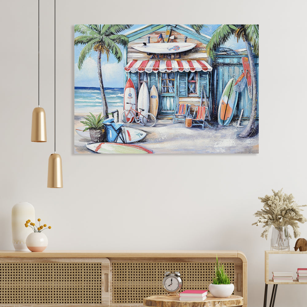 Blue Beach House Surfboard Coconut Tree Ocean Wall Art - Coastal Tropical Landscape Mural Print - Vibrant Seaside Decor for Living Room Bedroom Office decorative picture