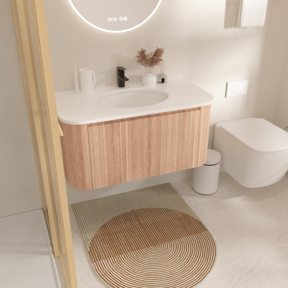 Arcora 36 Inch Wall Mounted Bathroom Vanity with Sink Curved Design, Wave Texture Wood Finish, Integrated Cultured Marble, Pre-Assembled, Modern Floating Vanity Cabinet with Soft Close Drawer