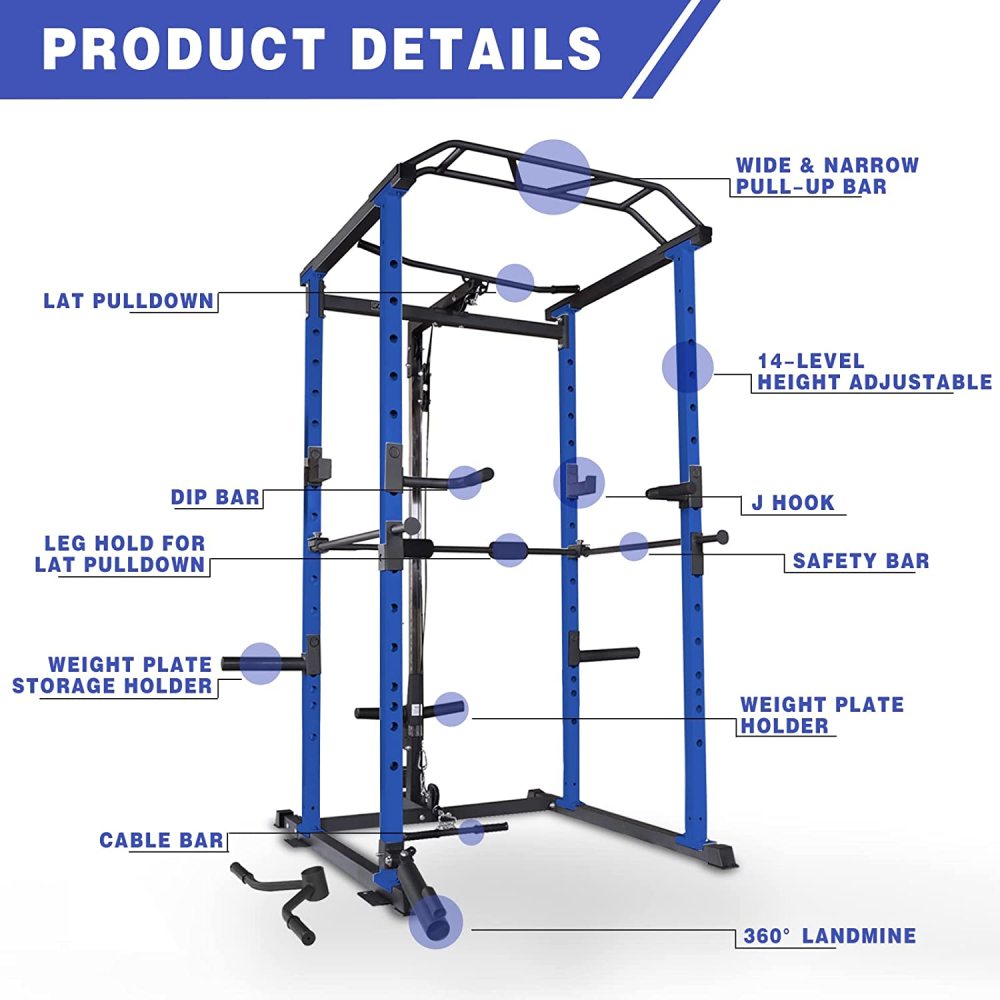 Multi-functional Power Cage, Home Adjustable Pullup Squat Rack 1000Lbs Capacity Comprehensive Fitness Barbell Rack with Gym accessories 7ft Olympic Bar