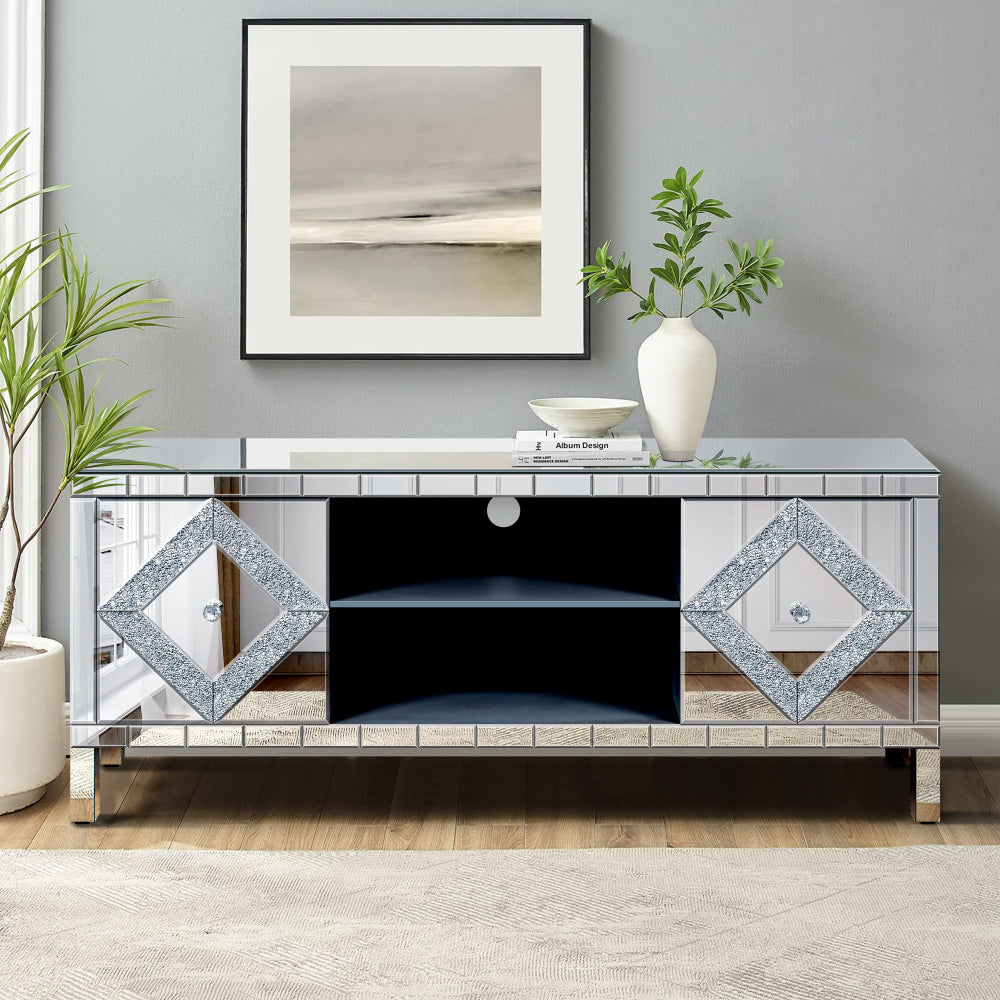 Mirrored TV Stand for 65+ inch TV,Sliver TV Console Table with Open Storage & 2 Storage Cabinets ,M Shape Sparkling Mirror Doors for Living Room(59''W x 25.2''H x 15.7D)