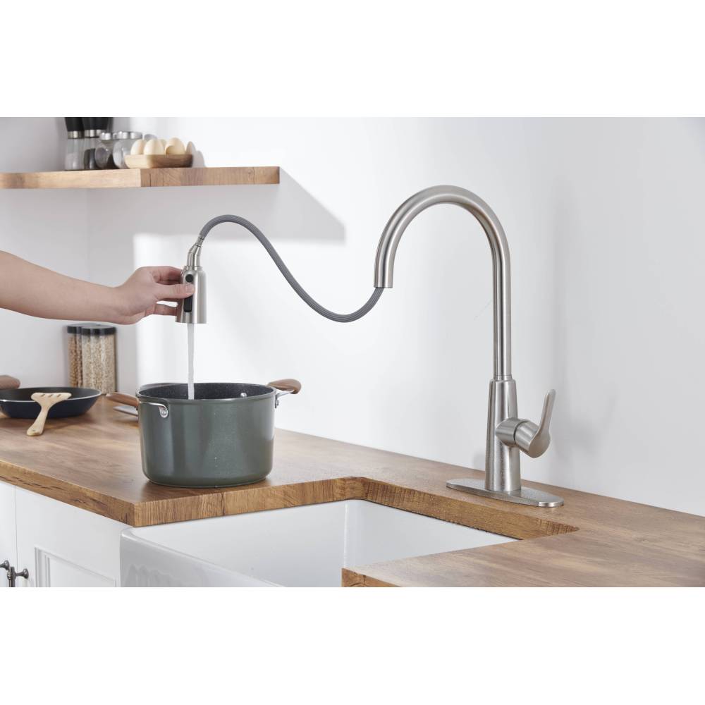 Kitchen Sink Faucet with Pull Out Sprayer Brushed Nickle,Stainless Steel High Arc Kitchen Sink Faucet, 3 Way Setting Single Handle Kitchen Faucets with Deck Plate