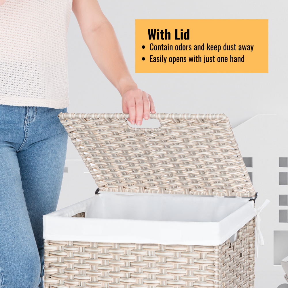 Laundry Hamper With Lid PE Rattan Powder Coating Frame Clothes Hampers with 01 Removable Bags, 100L, Gray Color