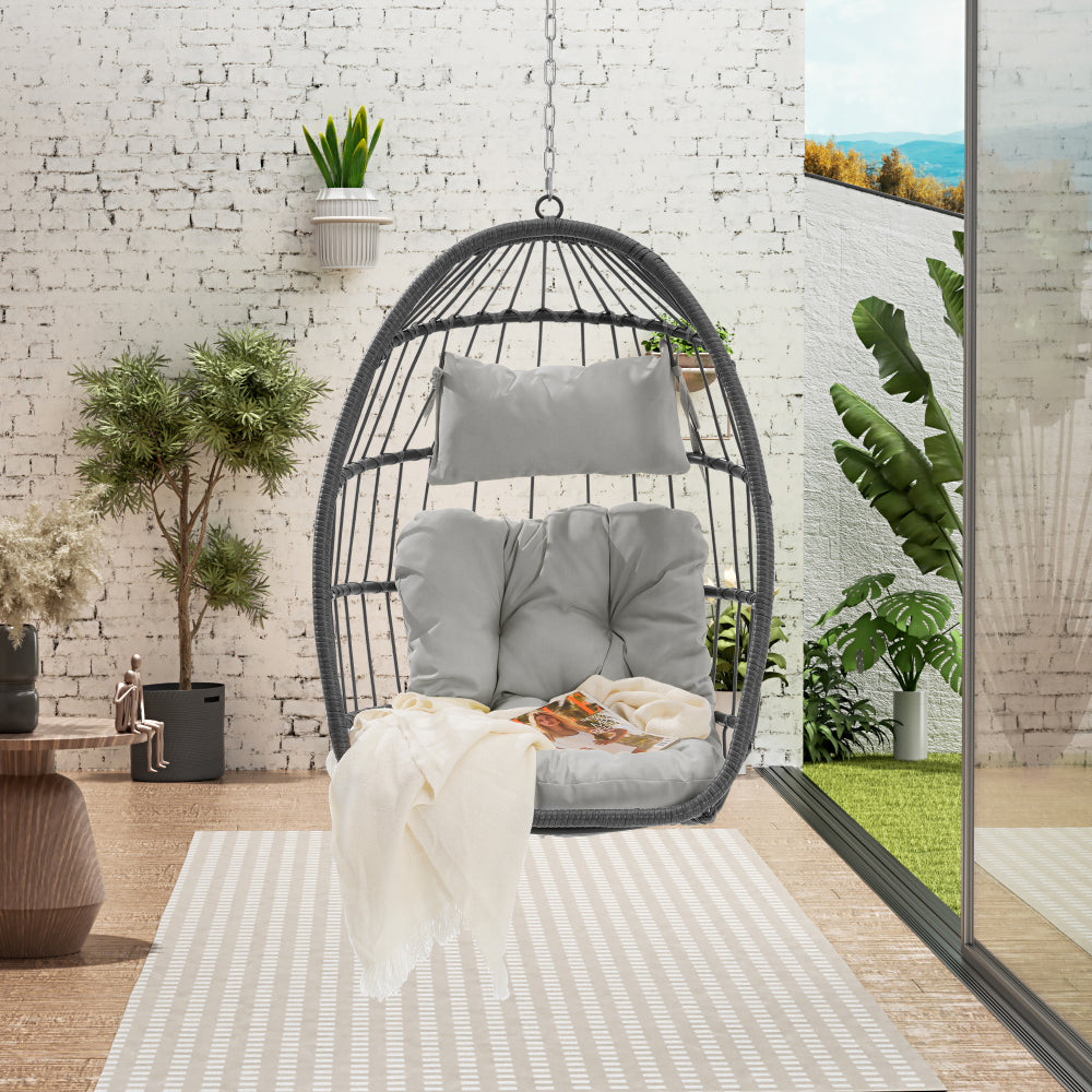 Outdoor Garden Rattan Egg Swing Chair Hanging Chair Wood+Khaki