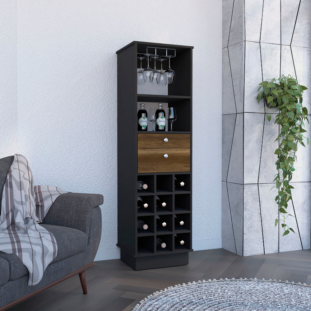 Classic Bar Cabinet, Two Drawers, Twelve Built-in Wine Rack-Black