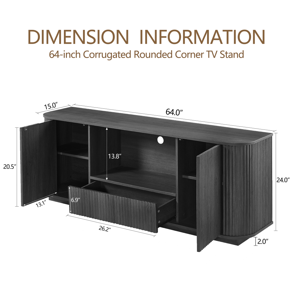 64-Inch Wavy TV Stand, Rounded Sideboard, Storage Cabinet, Wooden Vertical Stripe Cabinet for Living Room/Bedroom/Entryway. Black,64''W x 15''D x 24''H.