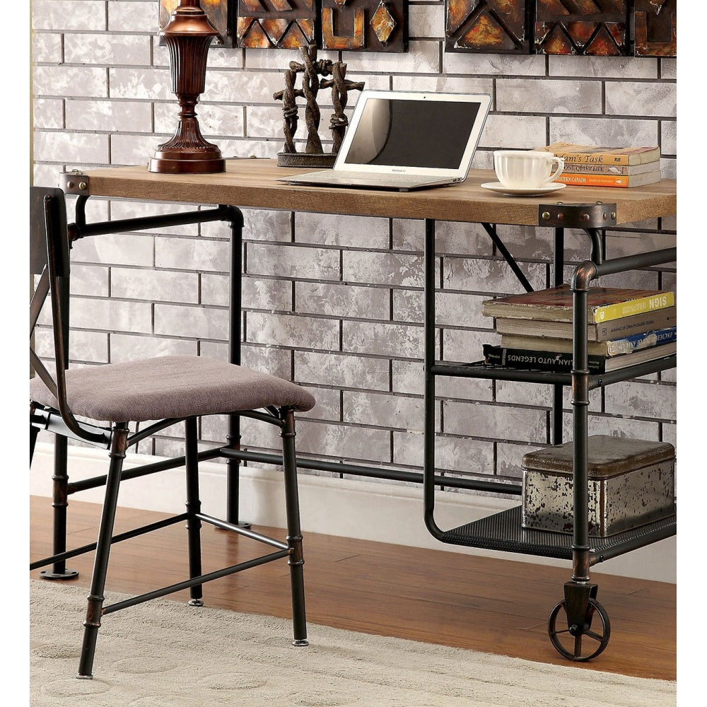 Industrial Inspired Desk With An Antique Black Metal Construction Replicated Wood Top And Caster Wheel Accents