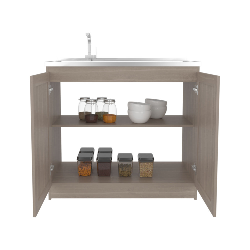Zurich 39" Wide Utility Sink, Base Cabinet Two-Door Cabinet With Two Shelves, Stainless Steel Sink, Laundry Room, Garage Sink, Light Gray