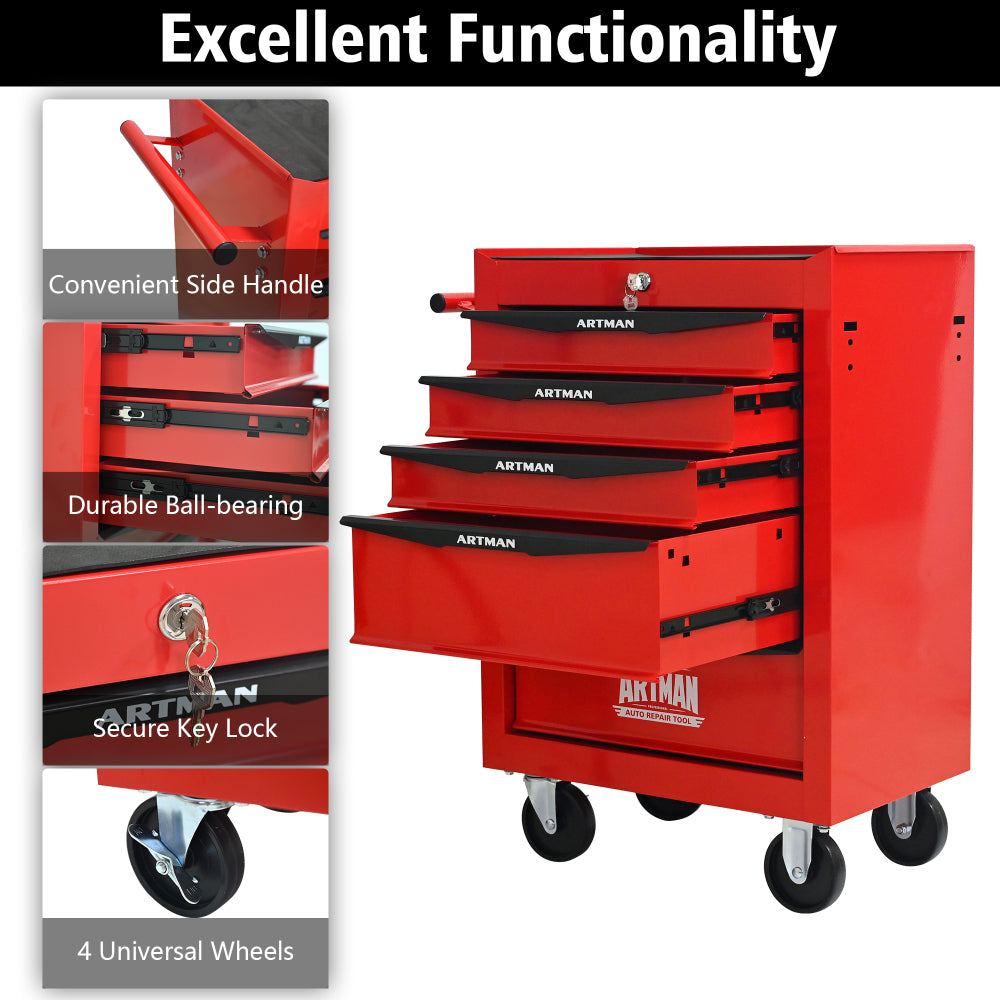 Rolling Metal Tool Chest with 5 Drawers, 20" 5-Drawer Tool Chest Cabinet with Ball Bearing Drawer Slides, Steel Tool Storage Box Organizer -Red&Black