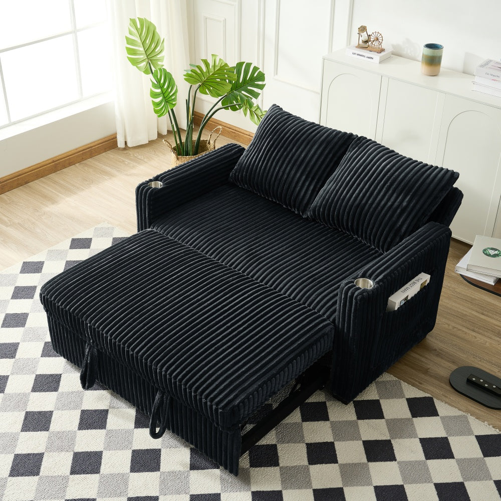 Sleeper Sofa Couch w/Pull Out Bed, Modern Corduroy Convertible Sleeper Sofa Bed, Small Love seat Sofa Bed w/Pillows & Side Pockets for Small Space, Living Room, Apartment,Black