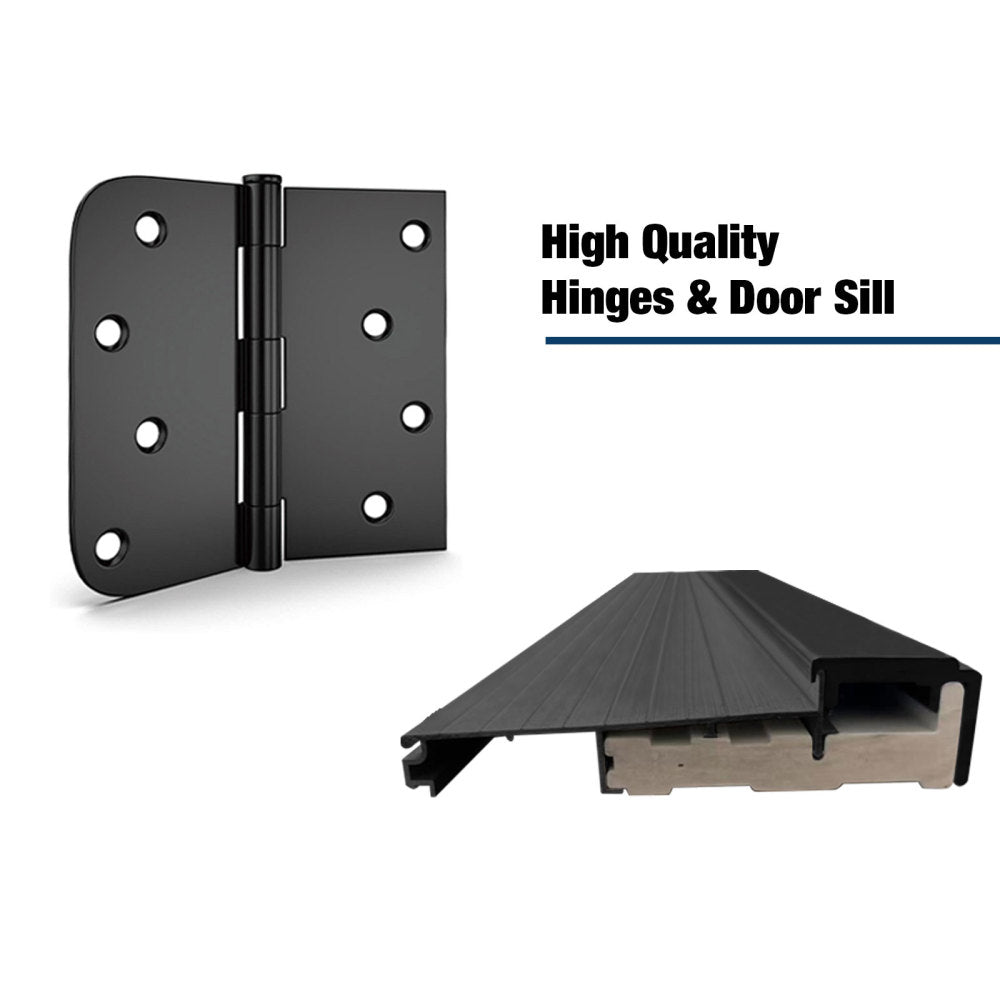 36 x 80 Fiberglass Entry Door with Brickmould, Frosted Glass, Black Finishe Knock-Down Fiberglass Door - Contemporary Style for Home's Front Entrance, Left Hand Inswing with White Vinyl Frame
