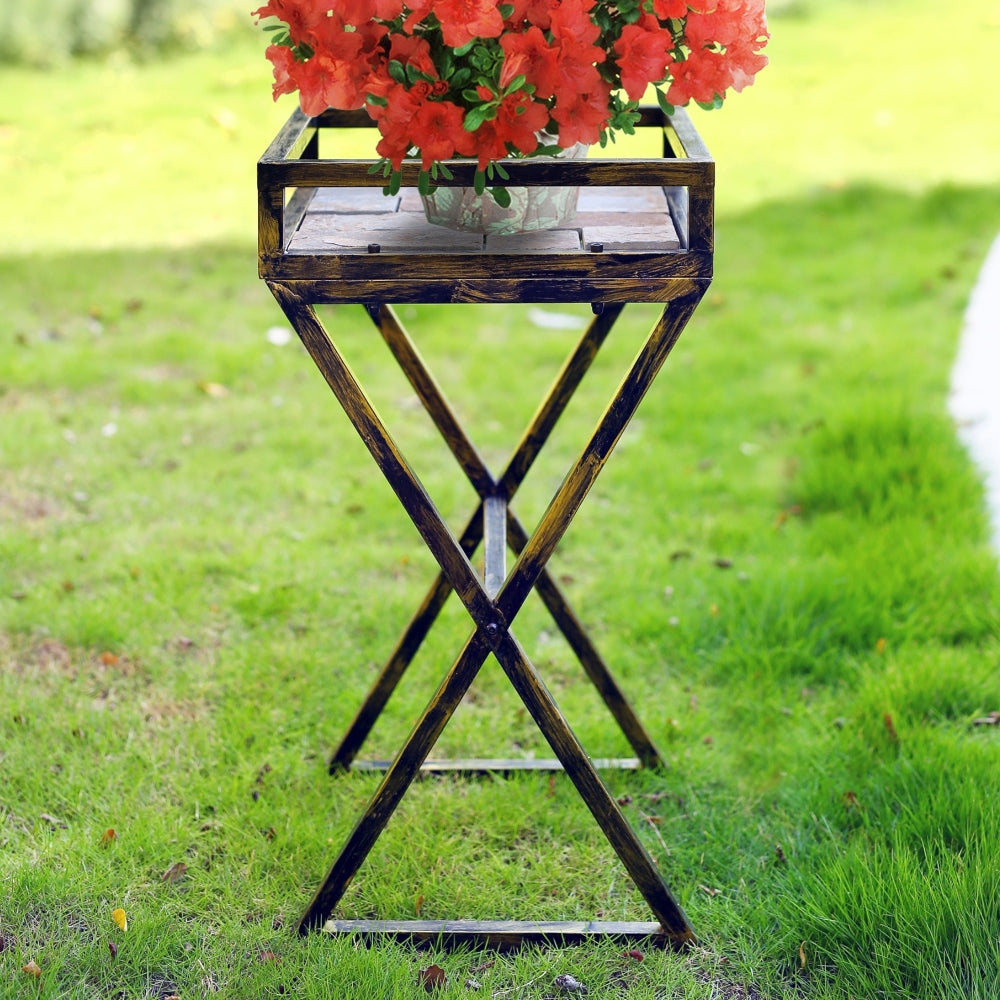 27" Gray Stone Slab Black / Gold Metal Plant Stand
