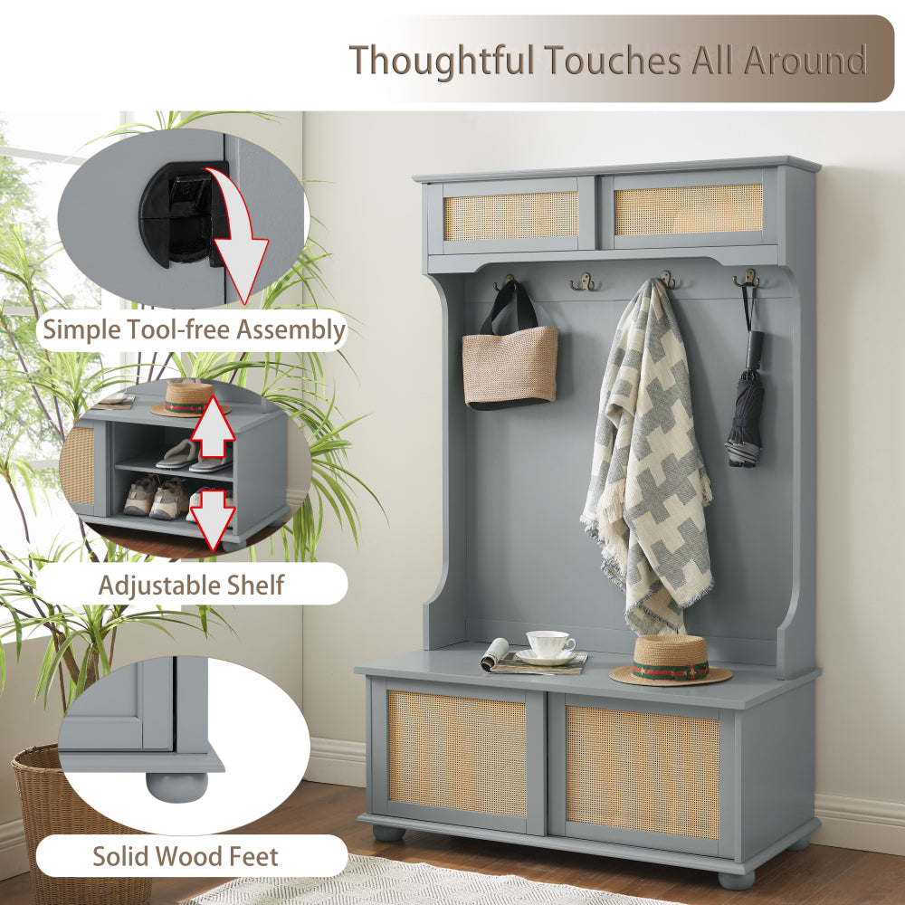 Clothes hanger Hall Tree Storage Bench Shoe Rack for Entryway, Hall Tree with Bench and Shoe Storage, Hall Tree Entryway Bench with Rattan Door Gray, 40.16"W*18.58"D*64.17"H