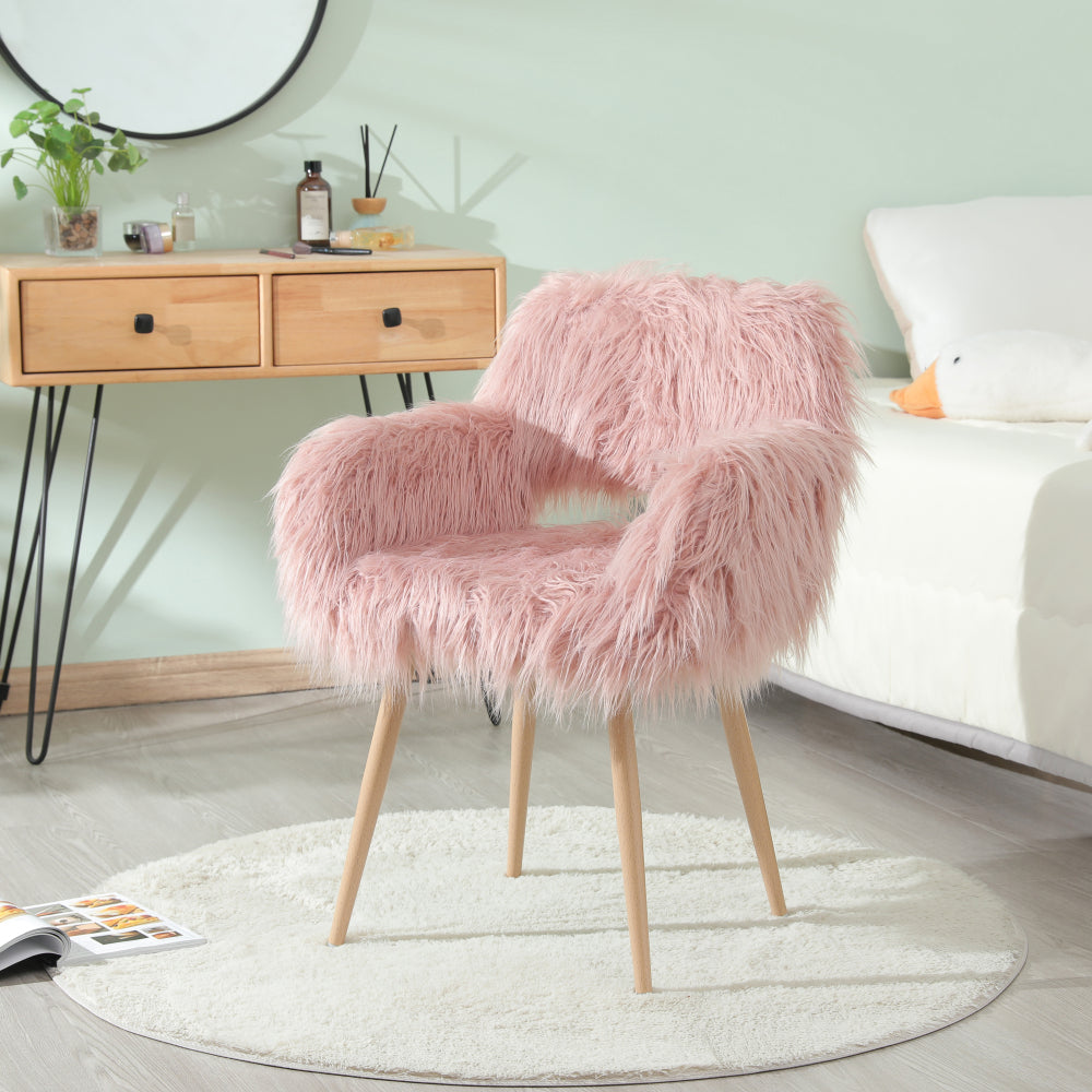GREY Faux Fur Upholstered Make up chair Side Dining Chair with Metal Leg(GREY+Beech Metal Leg)