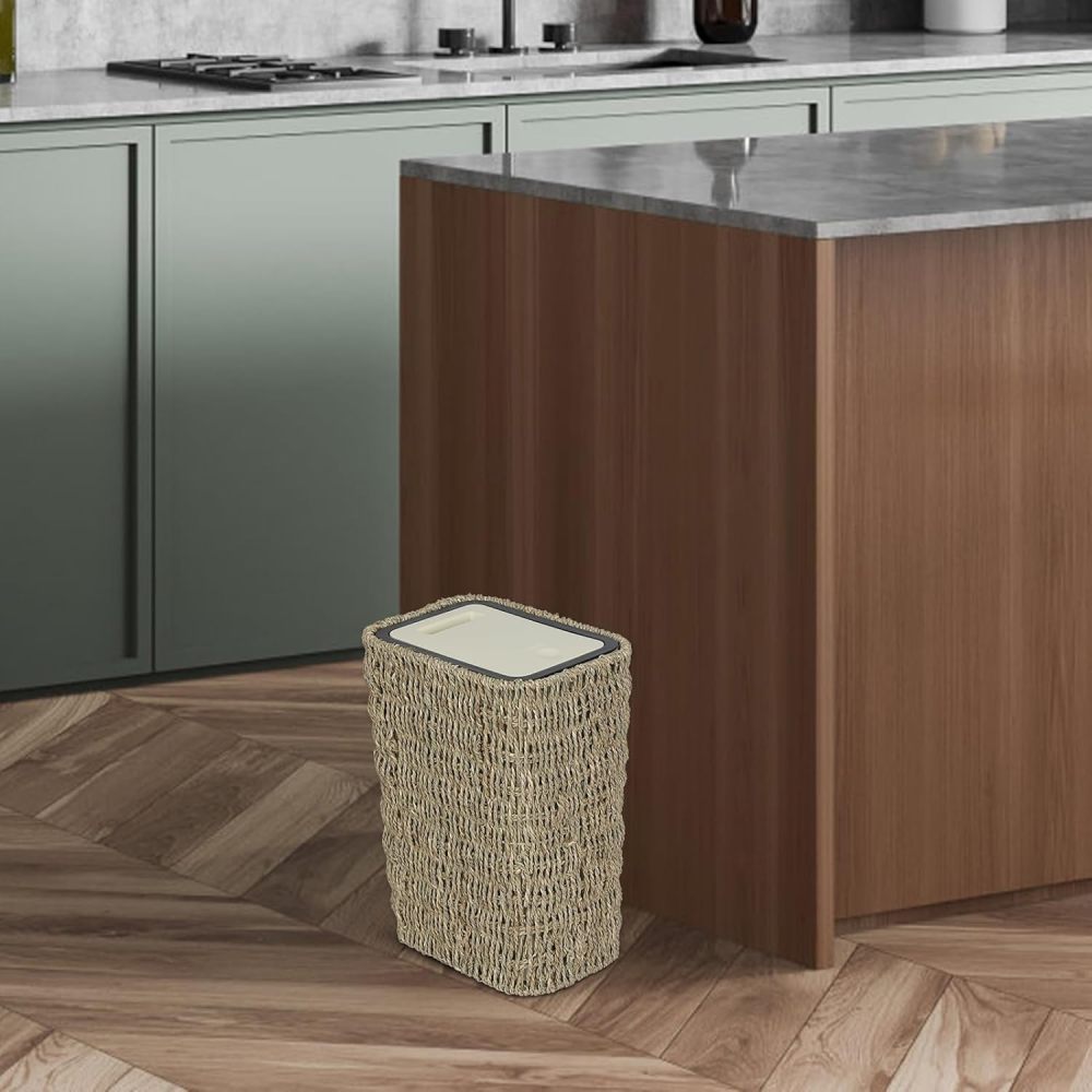 Boho Trash Can with Lid,2.6Gallon Small Rattan Trash Can with Press Top Lid,Slim Wicker Waste Basket and Hamper 2 in 1 for Bathroom,Seagrass Woven Garbage Can Trash Basket for Bathroom,Kitchen