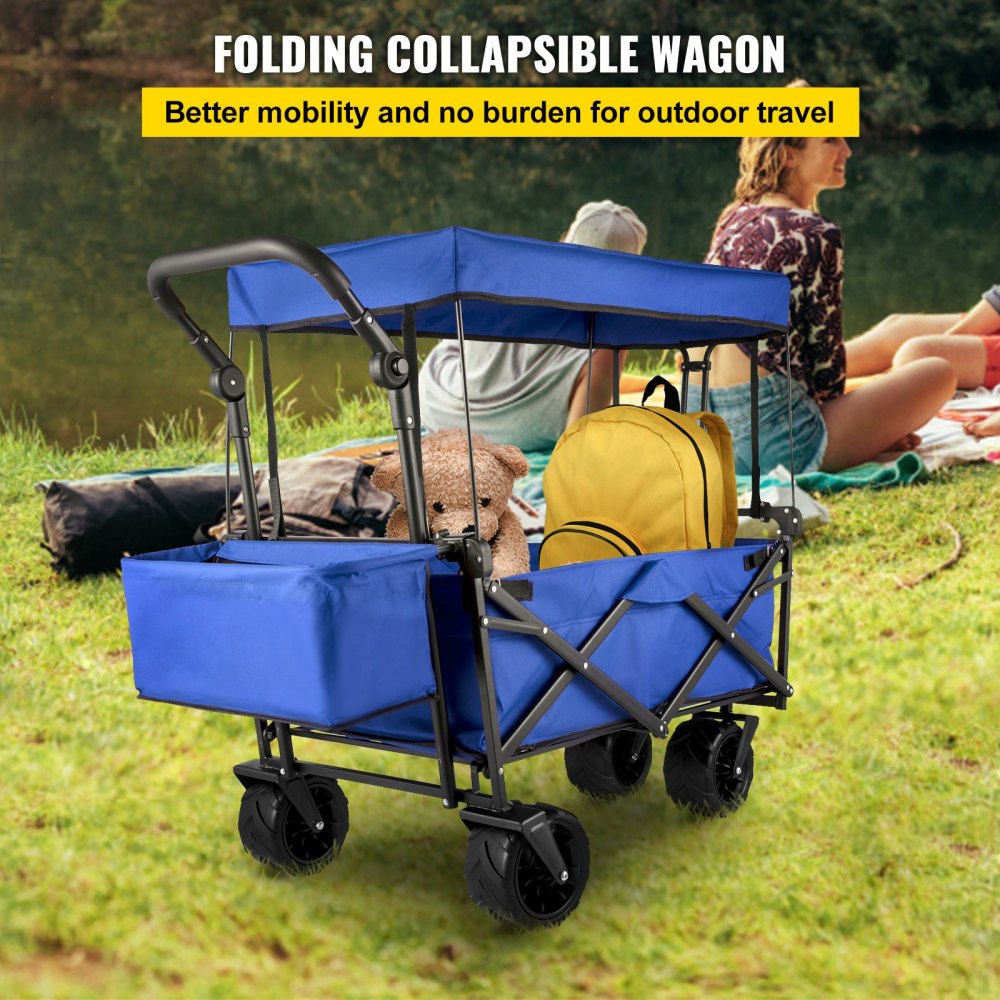 Extra Large Collapsible Garden Cart with Removable Canopy, Folding Wagon Utility Carts with Wheels and Rear Storage, Wagon Cart for Garden, Camping, Grocery Cart, Shopping Cart, Blue