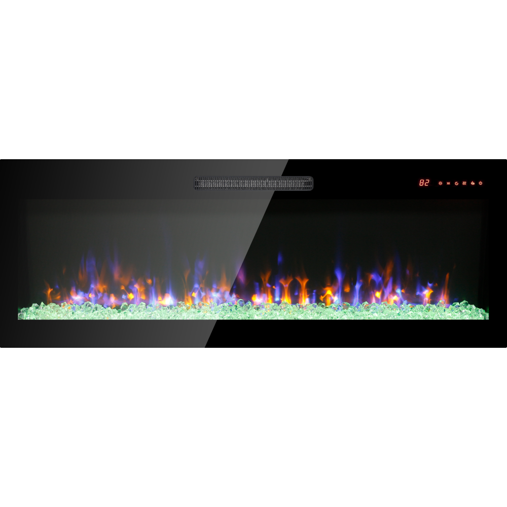 50 inch recessed ultra thin tempered glass front wall mounted electric fireplace with remote and multi color flame & emberbed, LED light heater