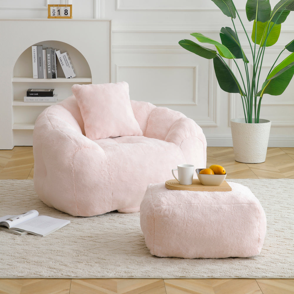 Giant Bean Bag Chair withFootstool, Oversized Bean Bag for Adults and Kids, Faux Fur Shell-Shaped Large Chair with Filler, Stuffed Big Accent Sofa, Floor Sofa for Gaming,Reading Living Room Bedroom
