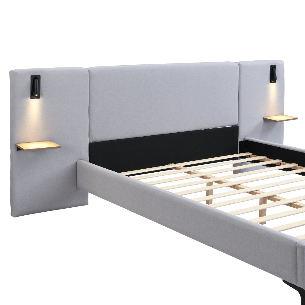 Chic Linen Upholstered Bed with Integrated Lights and Shelves, Grey, Queen