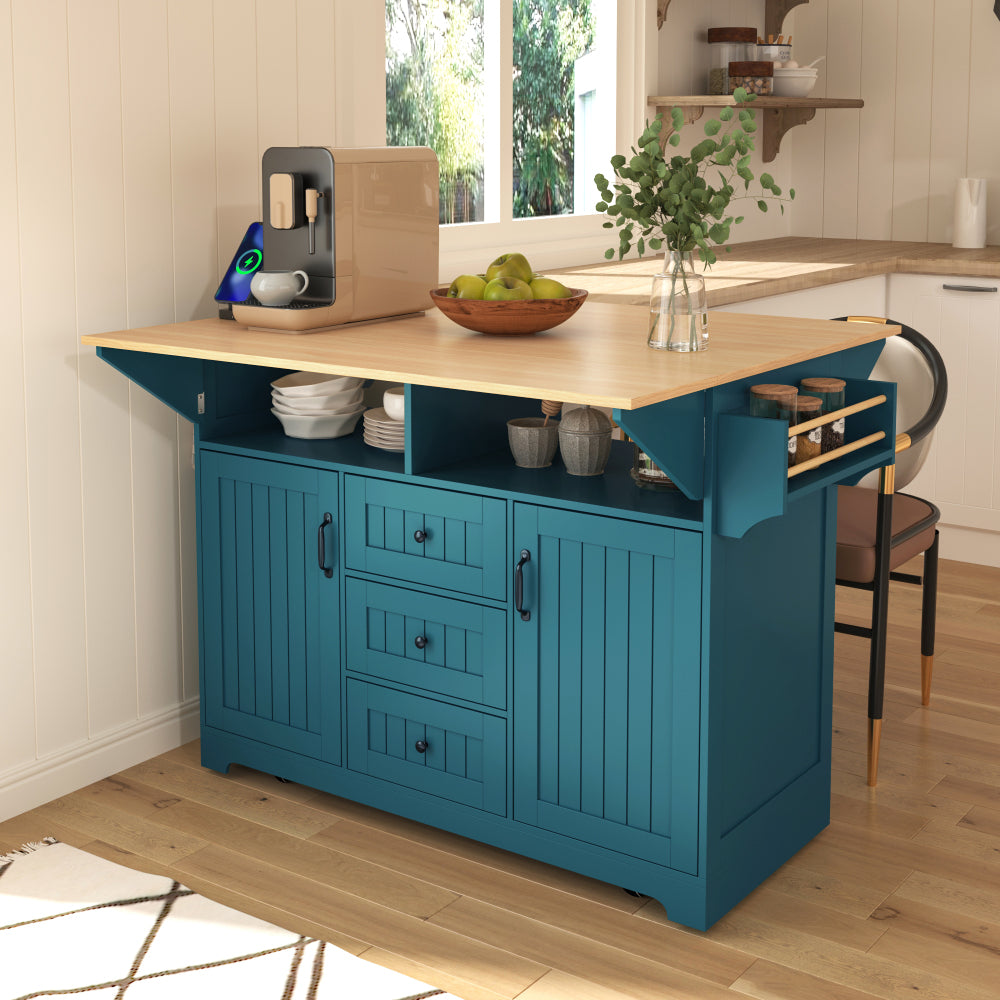 K&K 55.7'' Large Kitchen Island with 2 Drop Leaf,, Rolling Kitchen Cart on 5 Wheels with Power Outlet, Folding Storage Dining Table with Spice & Towel Rack , 3 Drawers, for Kitchen, Dining Room,Black