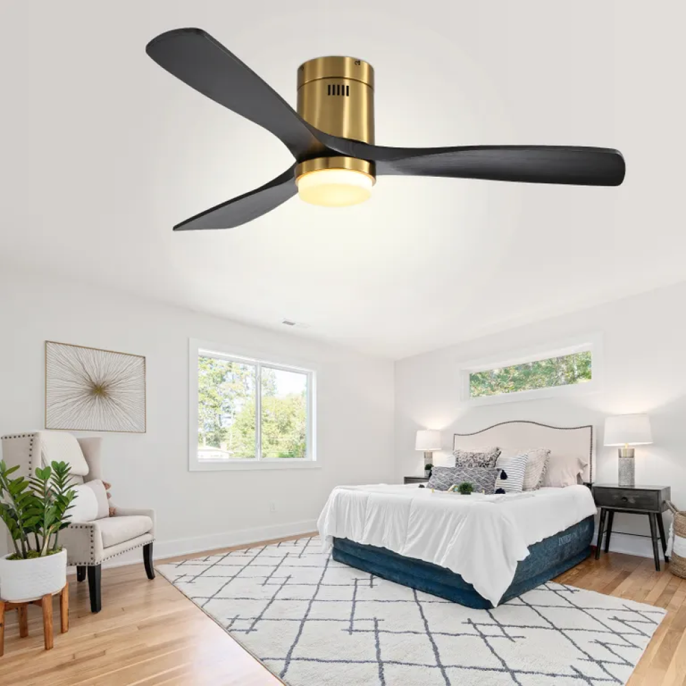 52 Inch Flush Mount Ceiling Fan With 3 Solid Wood Blades Remote Control Reversible DC Motor For Living Room
