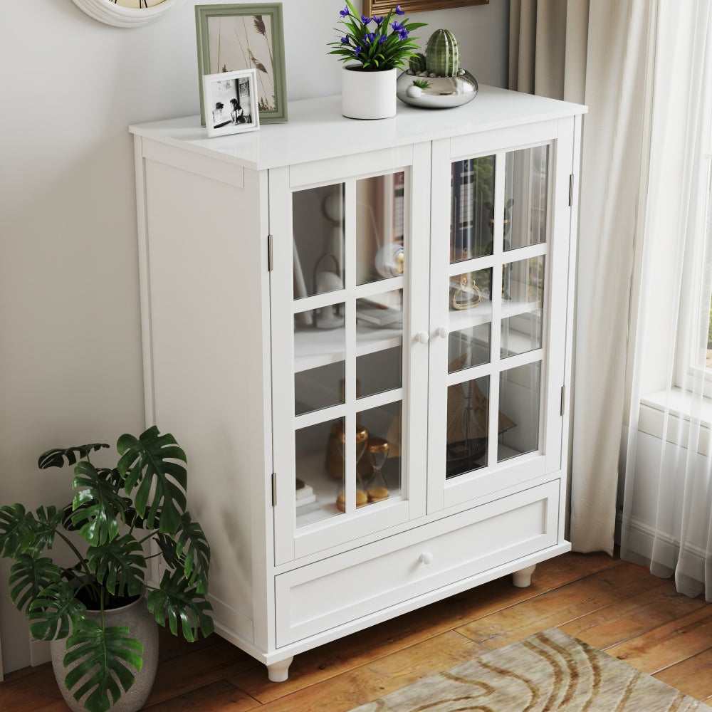 Minimalist White Buffet Cabinet with Double Glass Doors and Drawer, Modern Wooden Storage Sideboard Cupboard for Living room, Dining Room Hallway Entryway