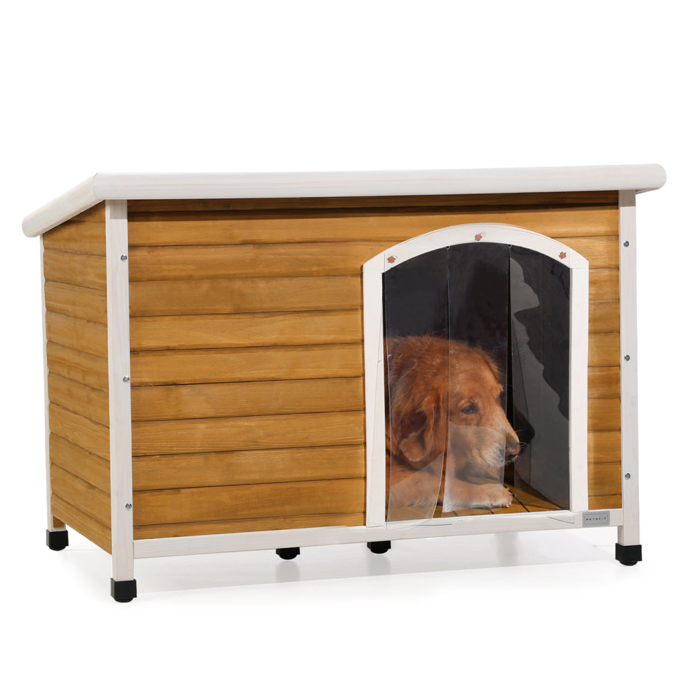 Medium Wooden Outdoor Dog House, Waterproof Roof, Elevated Floor, Adjustable Plastic Feet, Grey