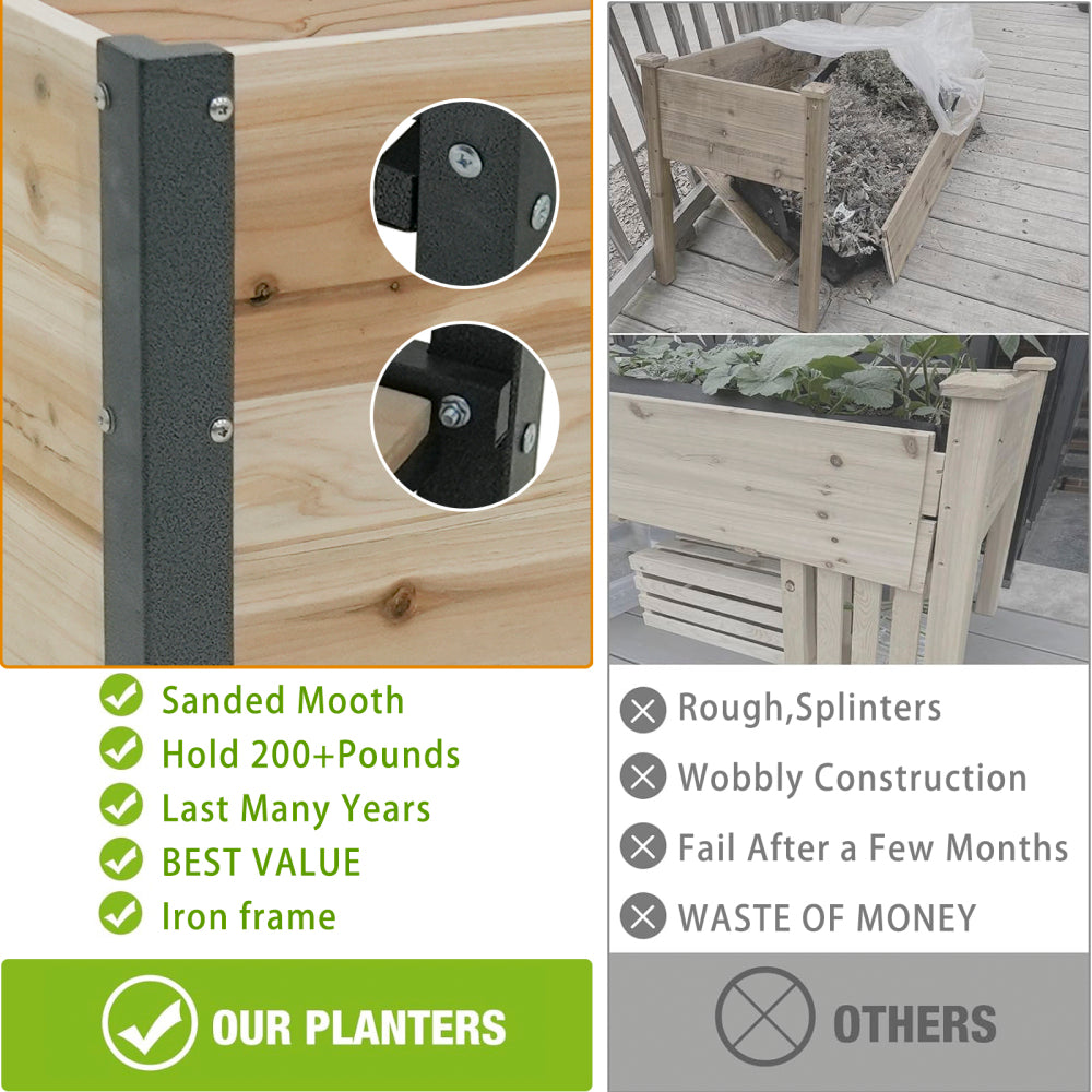 New style: 45" Iron-wood combined growing beds with feet and storage racks. Suitable for various places such as gardens, backyards, terraces, balconies, etc.