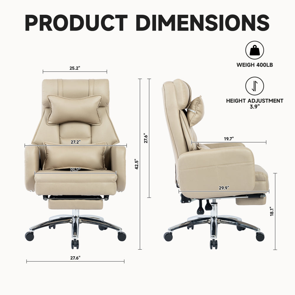Swivel Ergonomic Office Chair, Technology Leather High Back Office Chair with Lumbar Support Headrest, Sedentary Comfortable Boss Chair, 155° Reclining Computer Chair (Color : Beige)