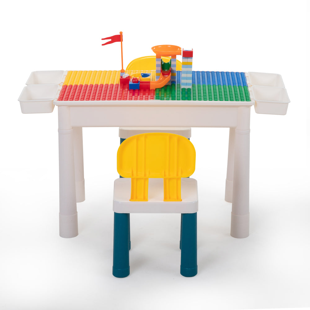 All-in-One Kids Activity Table and Chairs Set, Building Block Table with 100PCS DIY Blocks Toys, Dining Table Study Desk for Toddlers