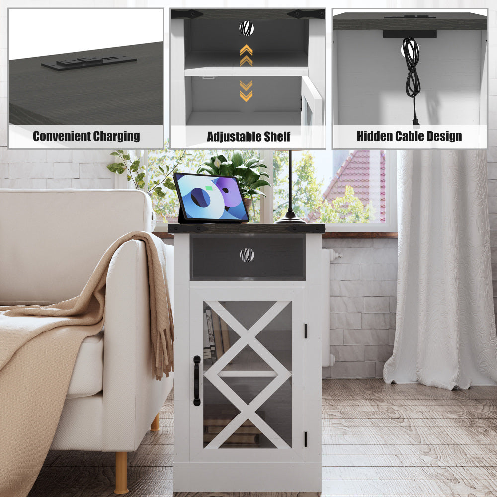 Farmhouse End Table with Charging Station, 15.4'' Rustic Nightstand with Barn Door & Adjustable Shelf, Wooden Sofa Side Table with 3-Tier Storage for Living Room, Bedroom, White