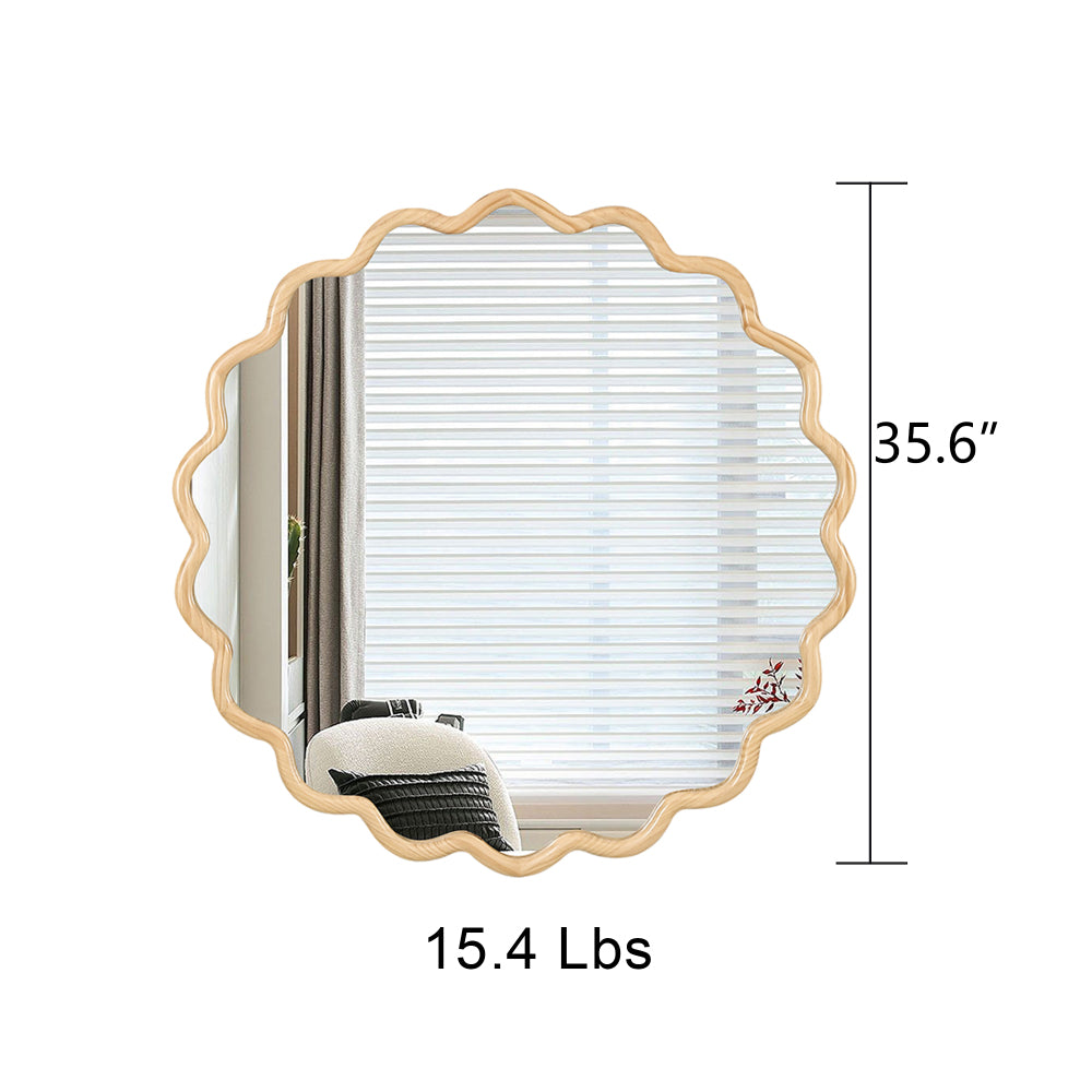 Solid Wood Wavy Mirror--Natural-Wood Vanity Mirror Wall Decor 36" x 36" Modern Mirror Wall Decor for Bathroom, Bedroom, Living Room, Dining Room, Cloakroom, Entryway